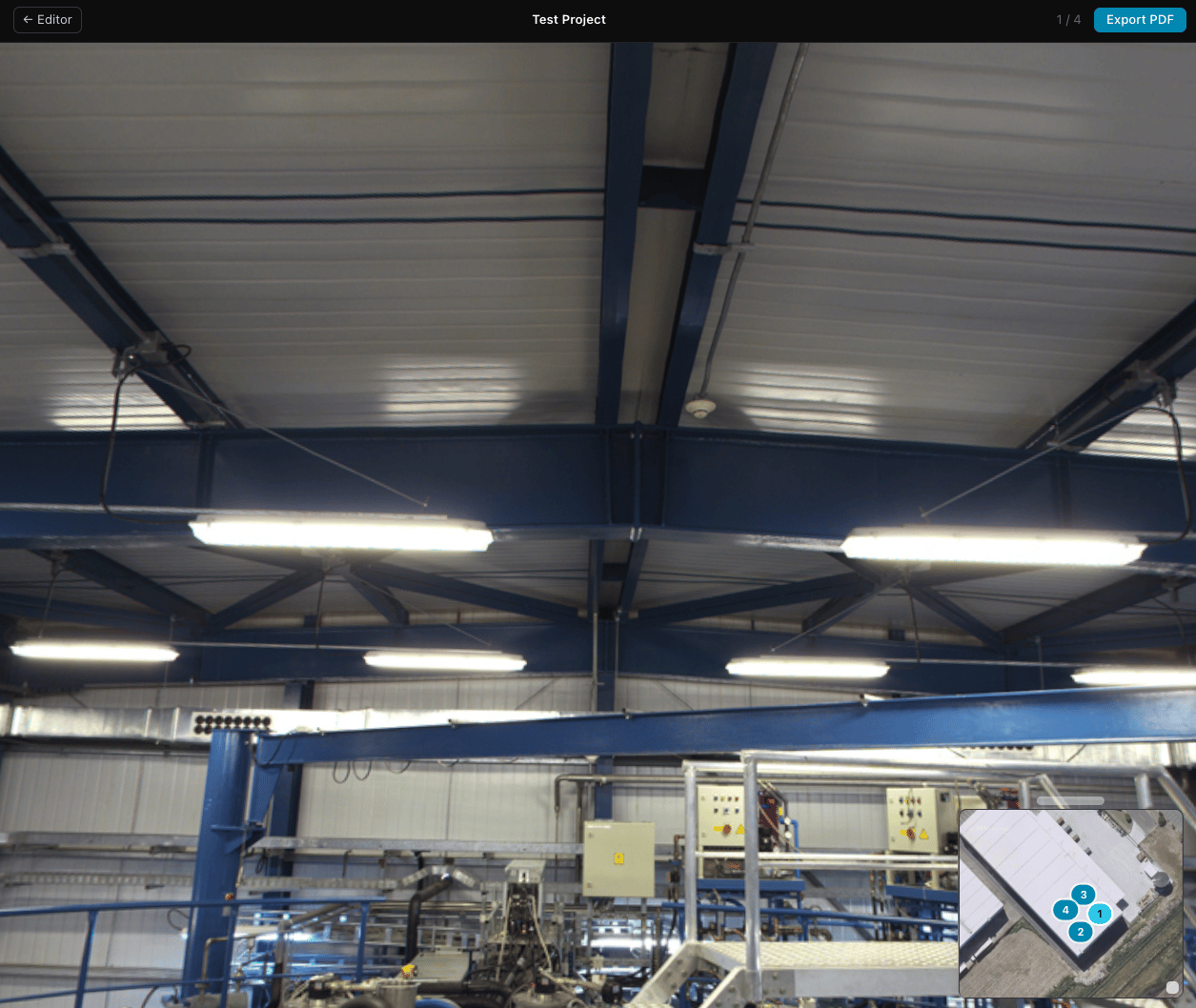 Fisheye 360 viewer showing the inside of a warehouse