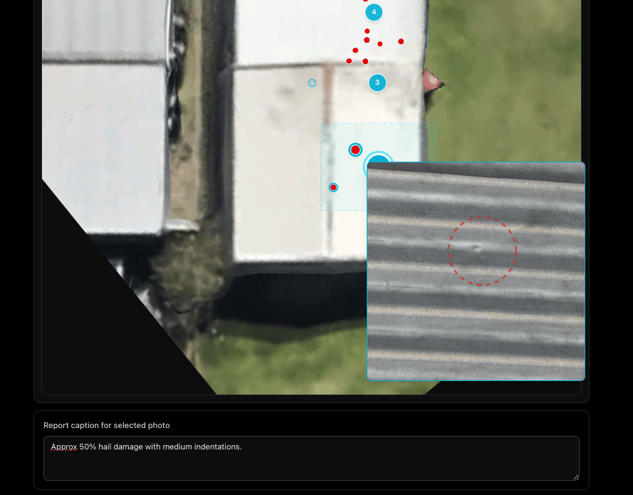 Inspection circle showing hail damage with a caption