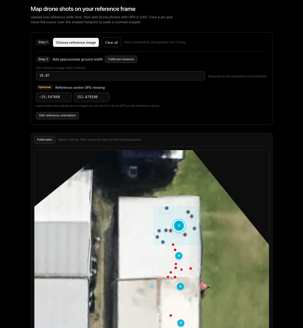 Birdseye showing drone shots pinned on a property reference image